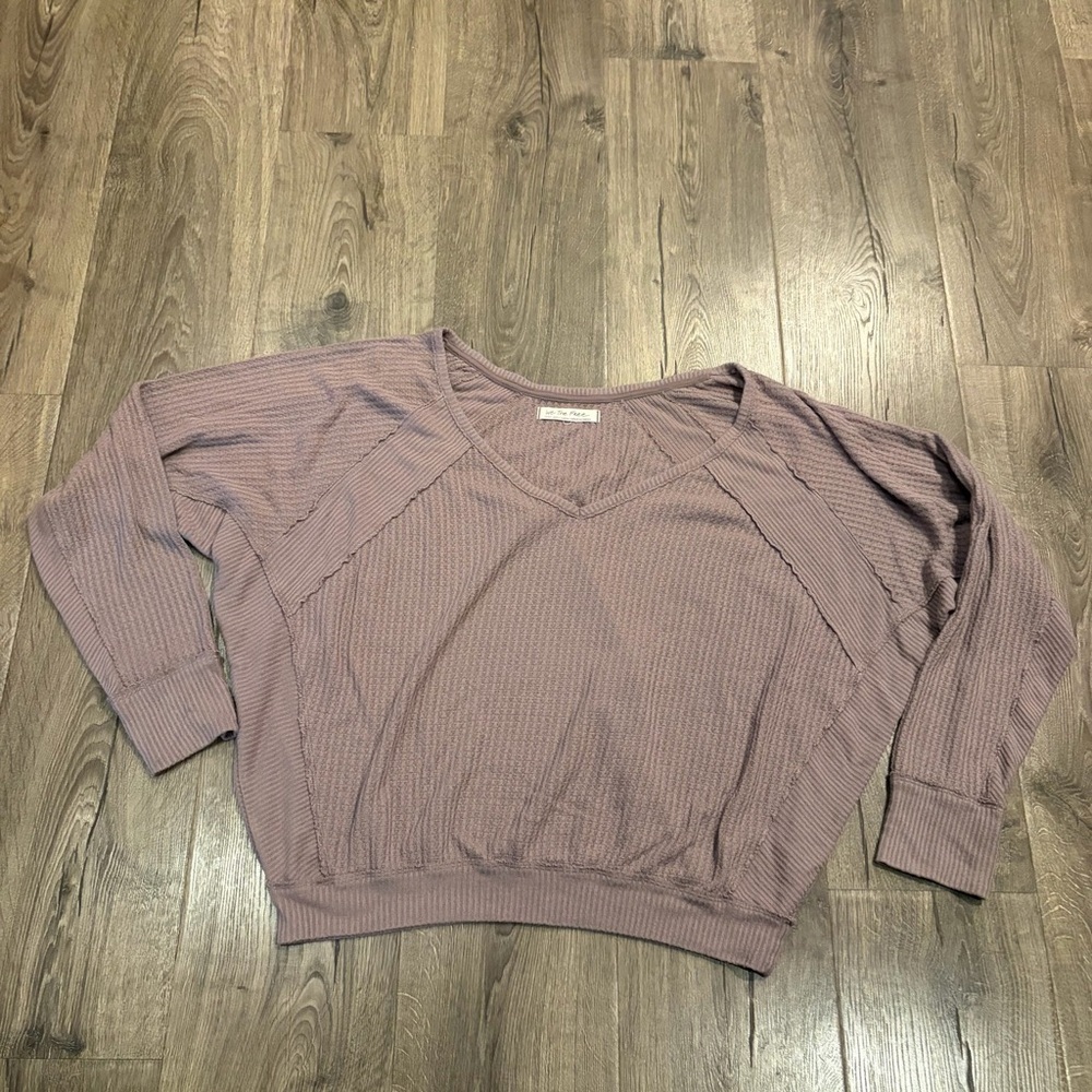 We The Free People Santa Clara V-neck Thermal Top S Oversized Gray Lavender Boho - Picture 7 of 9